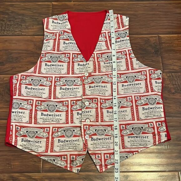 Vintage Budweiser Beer Red White Allover Print Reversible Button Closure Vest - Picture 7 of 11